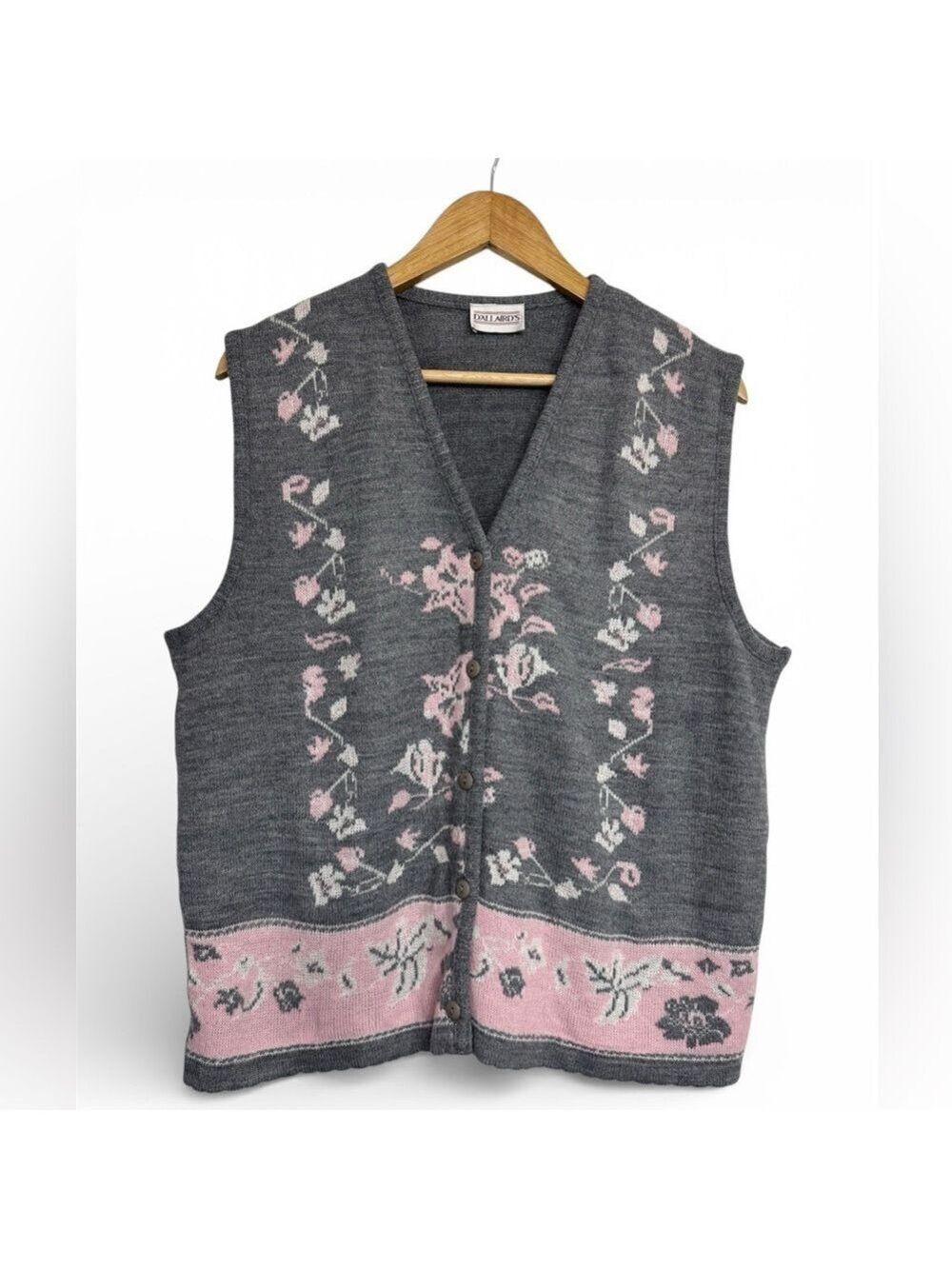 Vintage Floral Knit Vest Grey and Blush Button Front